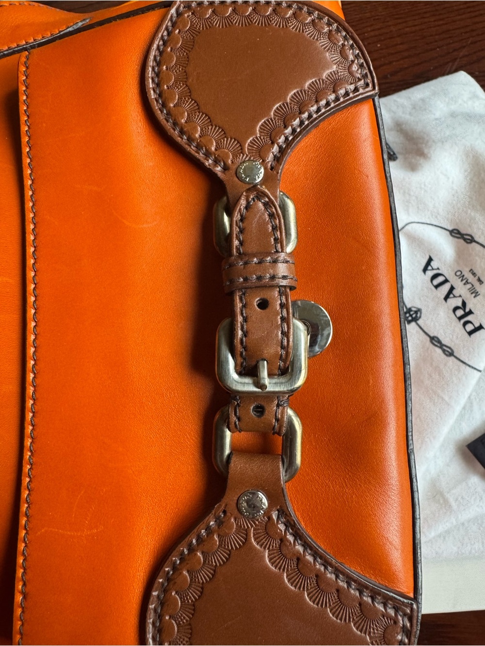 Prada Orange Leather Shoulder Bag with Brown Trim - Picture 6 of 16